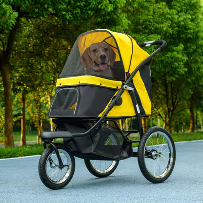 Pet / Dog Stroller - Buggy Pram with Three Wheels, Canopy and Under Netting Storage Compartment - Yellow