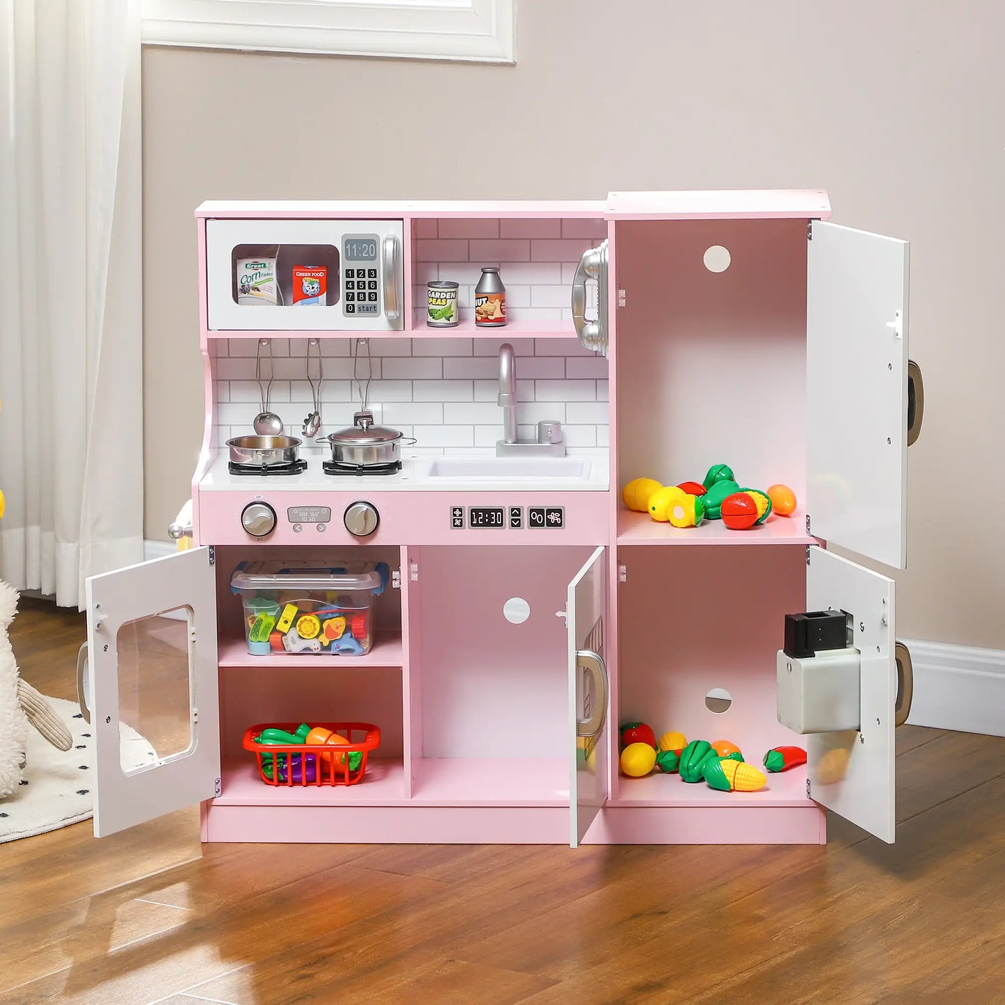 Kitchen Playset with Chalkboard, Storage Cupboards and Accessories - Pink