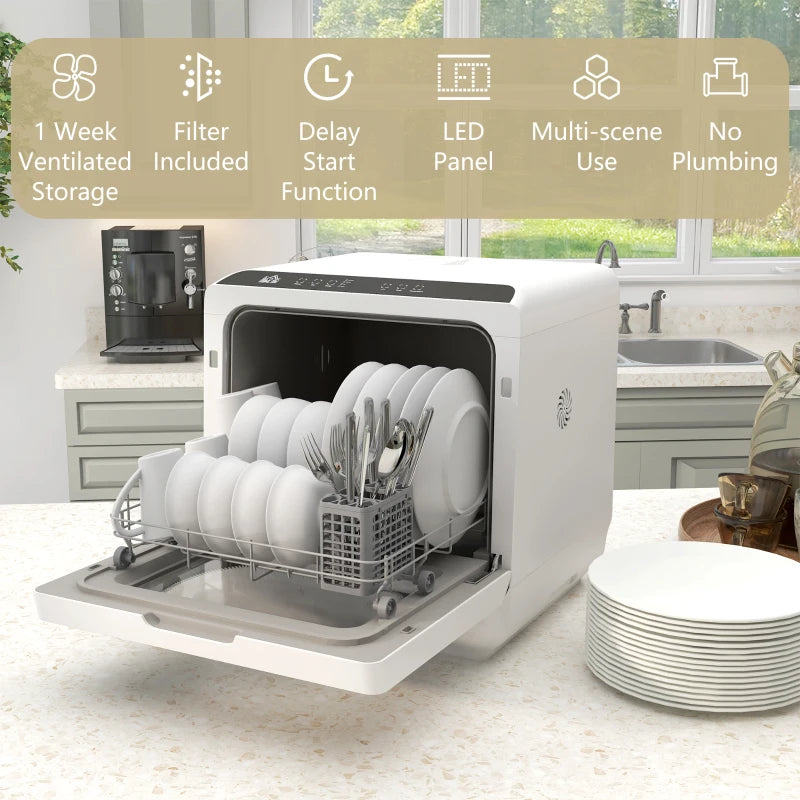 Multi-Program 6L Tabletop Dishwasher with LED Panel for Multifunction Controls