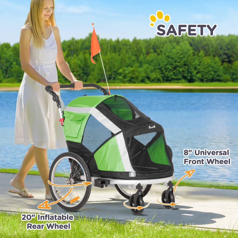 2-in-1 - Dog Bike Trailer / Pet Stroller with Safety Leash and Hitch Coupler - Green