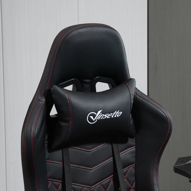 Faux Leather Recliner Racing Gaming Chair with Swivel Wheel Footrest - Black / Red Contrast Stitch