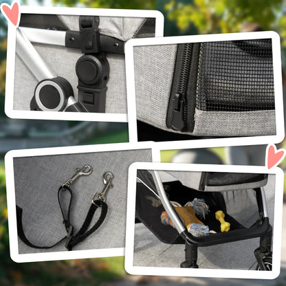 3-in-1 Foldable Pet Stroller with Detachable Carry Bag and Safety Leash - Grey