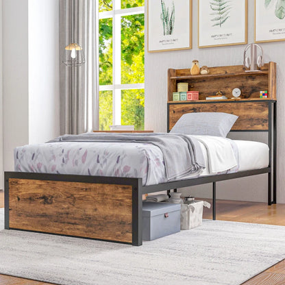 Single - Industrial Style Single Bed Frame with Storage Headboard and Underneath Storage