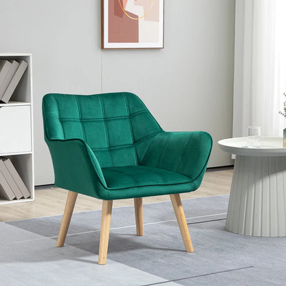 Wide Slanted Back Armchair with Padded Cushion, Iron Frame & Wooden Legs - Emerald