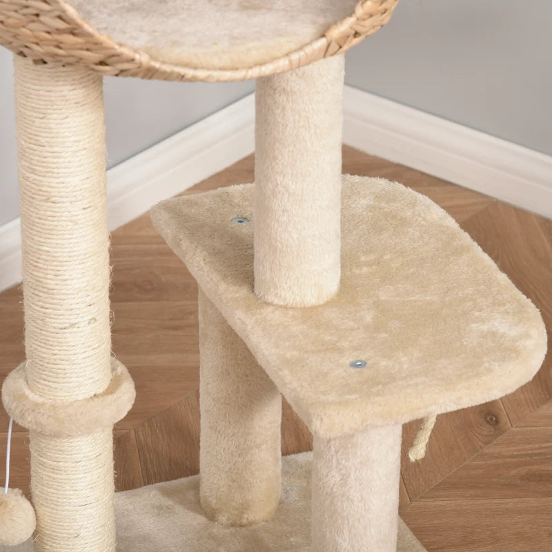 100cm - Cosy Treehouse Style Cat Tree with Toy Ball, Scratching Post, Teasing Rope and Sphere Bed