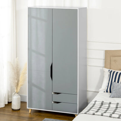 Modern Wardrobe with Handle Cut Outs, Hanging Rail, Underneath Storage Section and 2-Pull Out Drawers - Grey / White