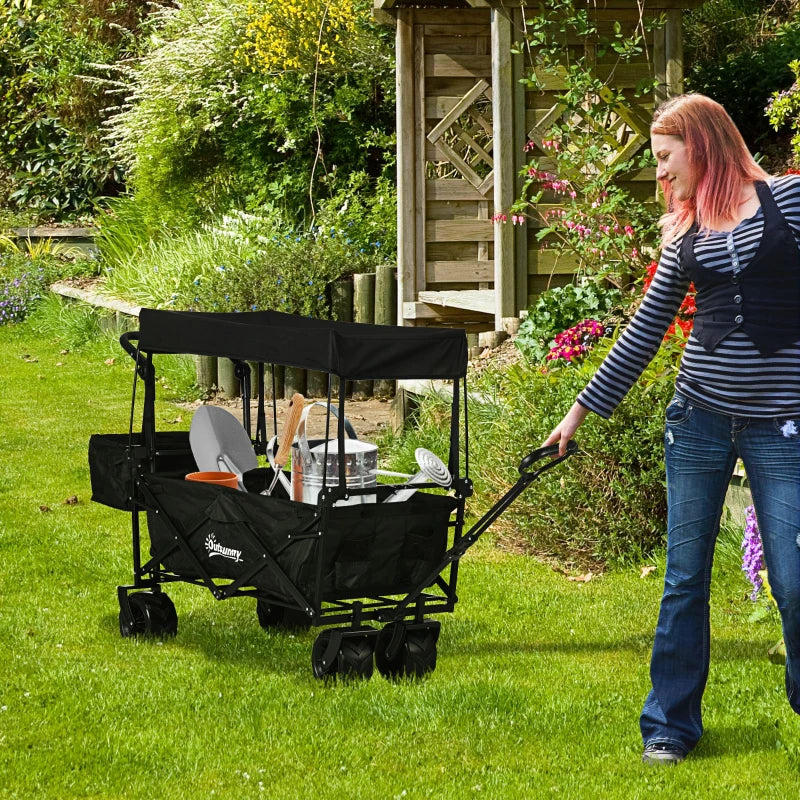 Folding Trolley Cart - Storage Wagon with Canopy & Handle - Black