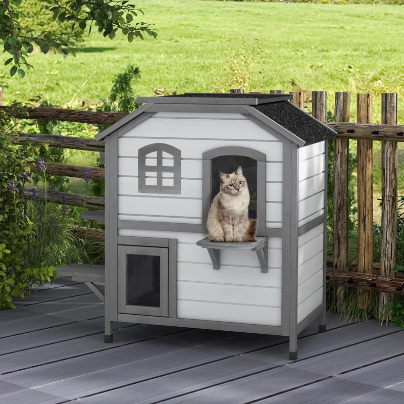 2-Story Cat Mansion with Openable Roof, Jumping Platforms and Front Door - White