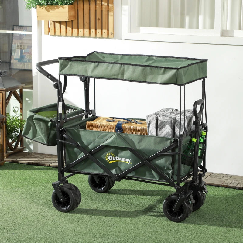 Folding Trolley Cart - Storage Wagon with Canopy & Handle - Green