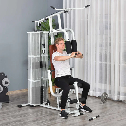 Multi-Function Home Gym Power Tower - Flys, Low Pull, Chest Press, Leg Curl and Lat Pull Down - White