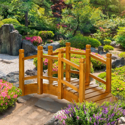 Wooden Garden Bridge Arc with Safety Railings for Pond / Garden Stream