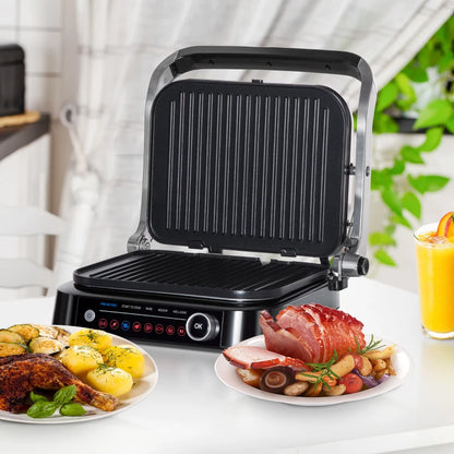 Electric Grill / Panini Press - Non Stick with 180° Open Lid, Drip Tray & Removable Plate