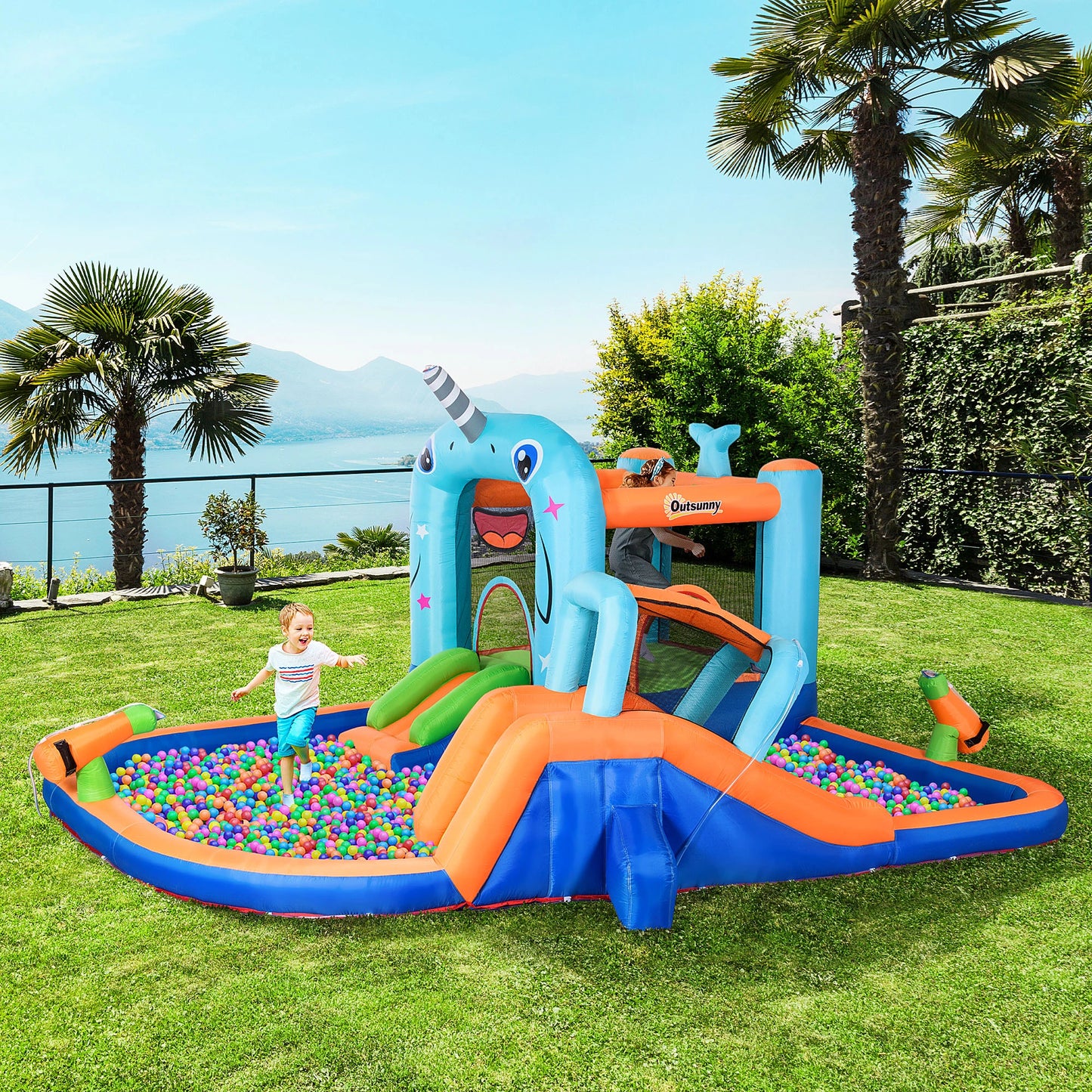 Narwhal Whale Design Bouncy Castle with Fillable Paddle Pool