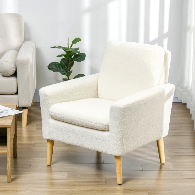 Modern Cushioned Teddy Lining Armchair with Wide Padded Seat and Wooden Feet