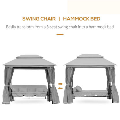 2-in-1 - 3 Seater Convertible Bed / Gazebo Swing Chair with Double Tier Canopy, Cushioned Seat and Mesh Sidewalls - Grey