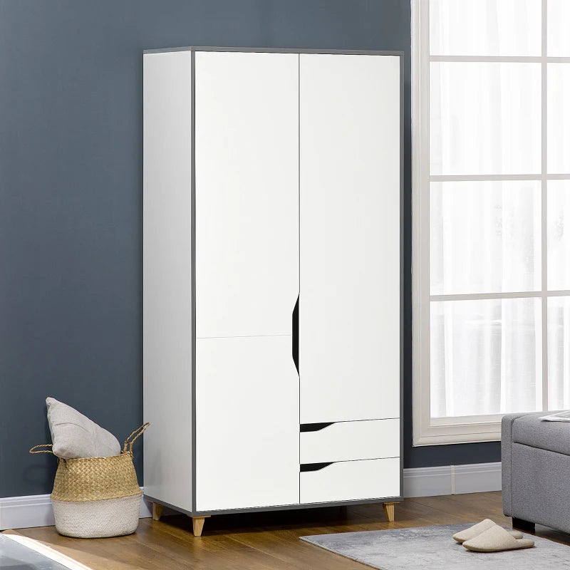 Modern Wardrobe with Handle Cut Outs, Hanging Rail, Underneath Storage Section and 2-Pull Out Drawers - White