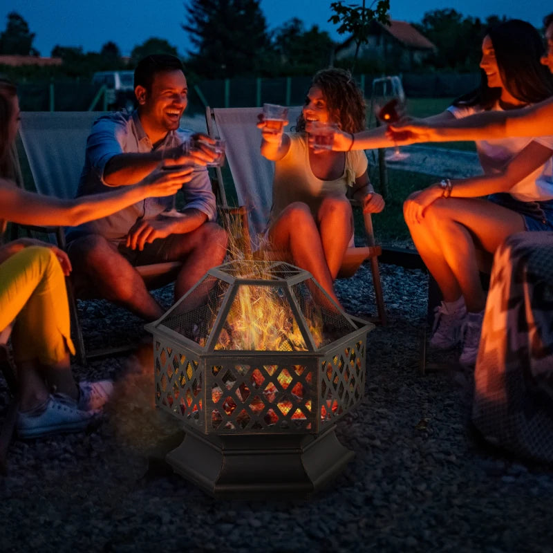 Hexagonal Pyramid Design - Portable Bonfire Firepit Bowl with Poker and Mesh Lid