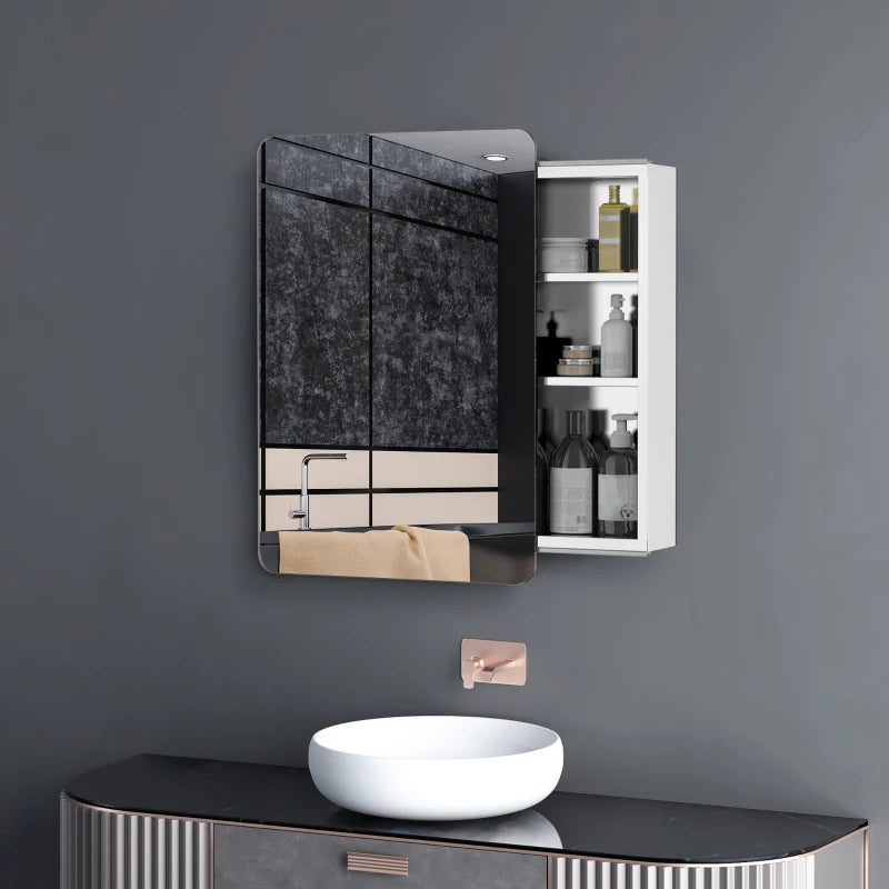 Curved Bathroom Steel Frame Mirror with Hidden Sliding 3 Shelf Storage Cabinet