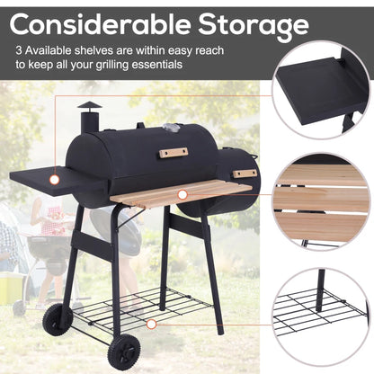 Barrel Style Charcoal Grill with Offset Side Smoker and Chimney