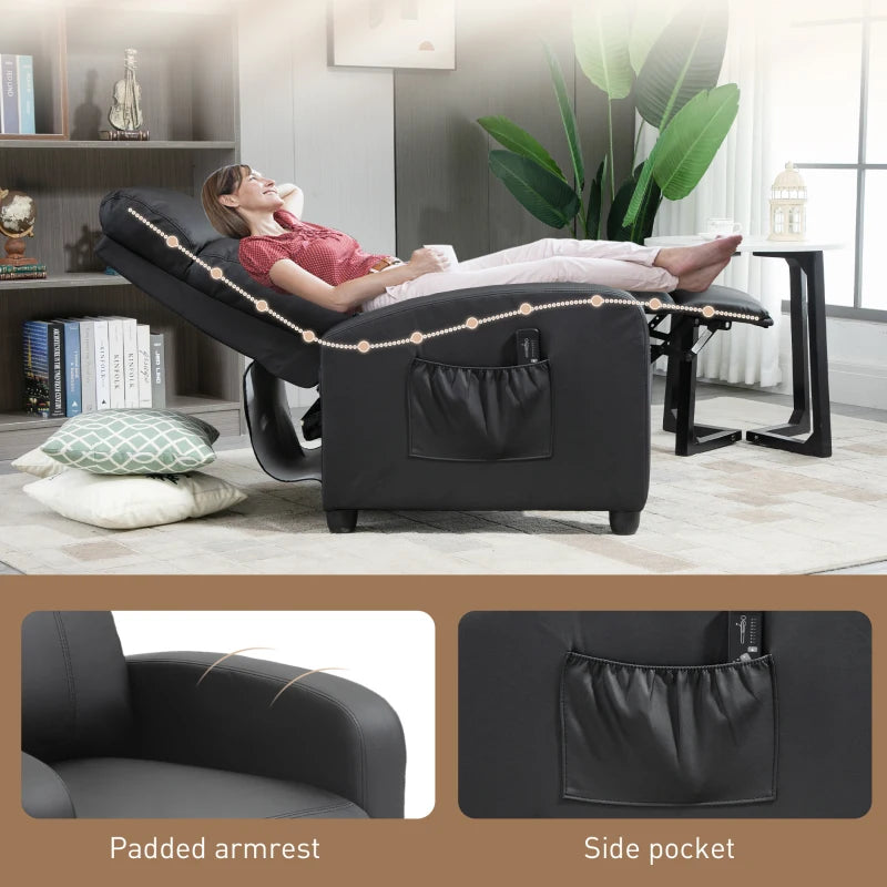 Reclining Massage Function Faux Leather Armchair with Adjustable Leg Rest & Side Pocket - Black