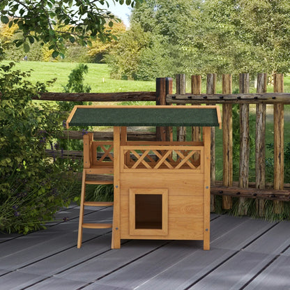 Cat House with Roofed Balcony Area & Stairs and Under House - Natural Wood