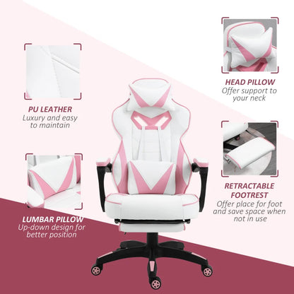 Computer Gaming Chair with Lumbar Support and Footrest - Pink / White