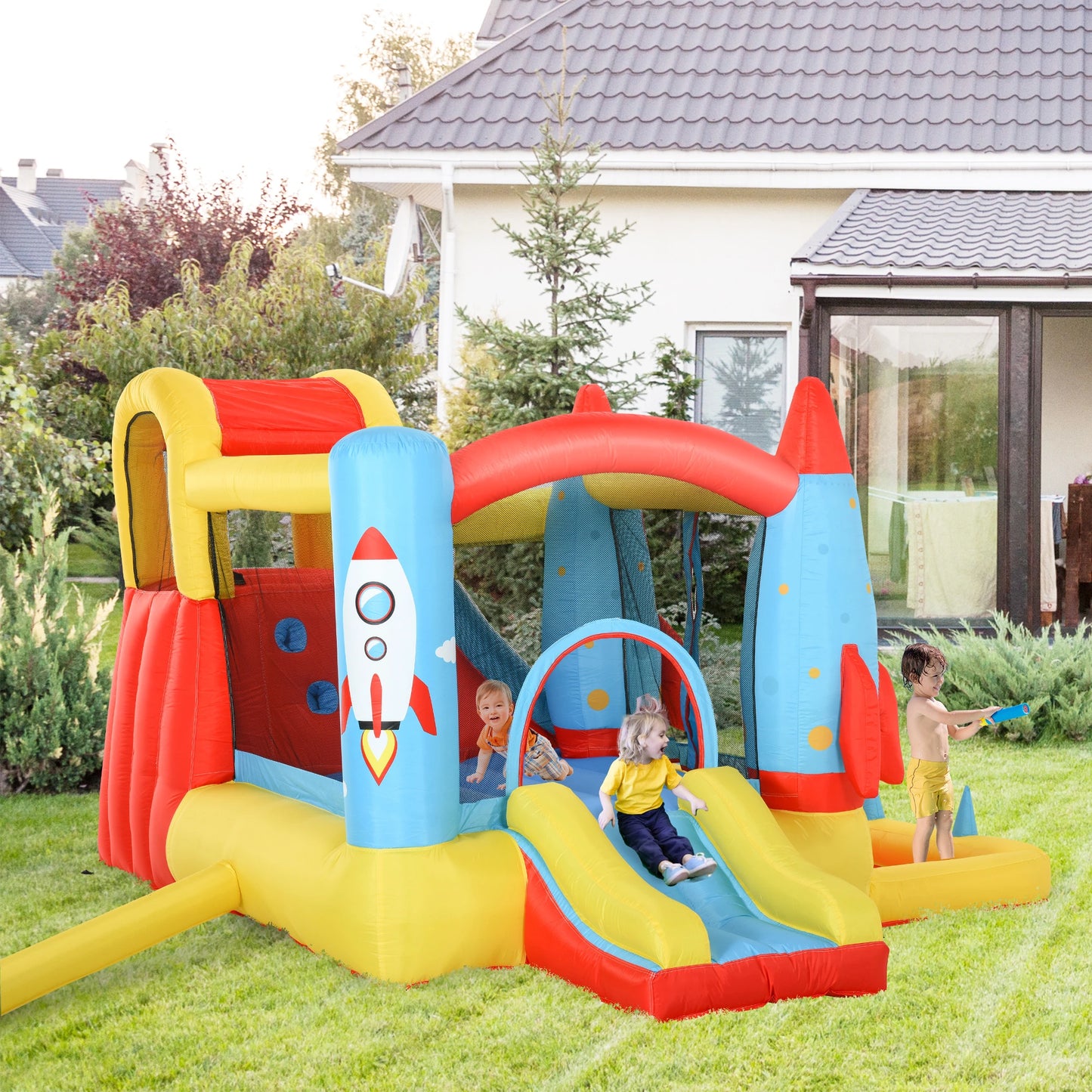 Kids Bouncy Castle with Rocket Ship Design and Paddle Pool