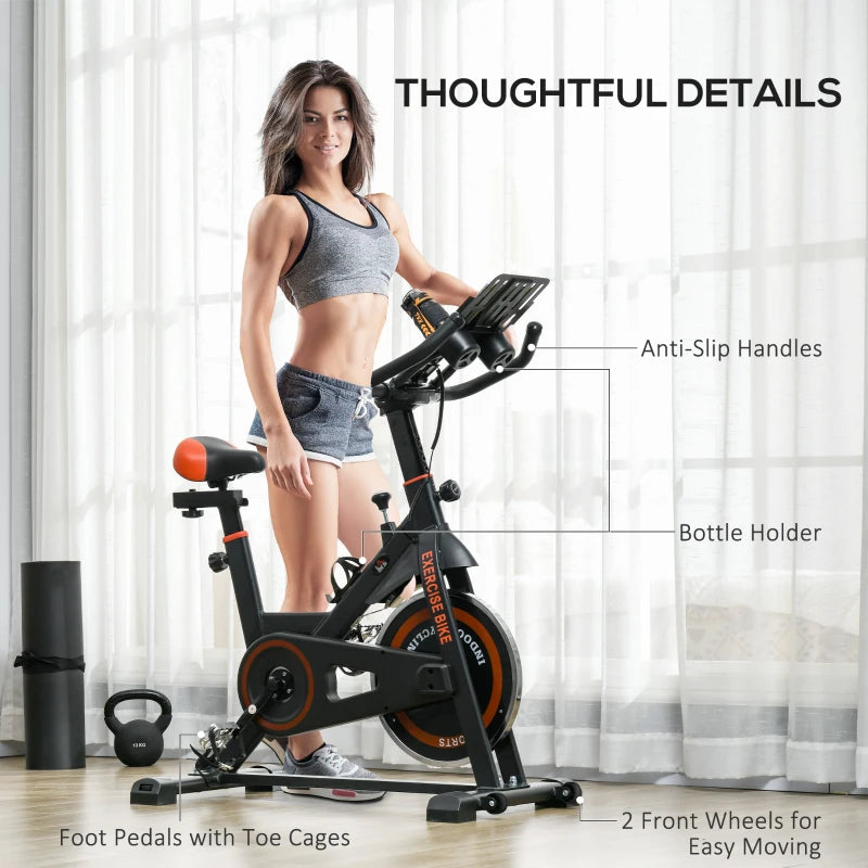 Indoor Cycling Exercise Bike with Adjustable Resistance and Large Phone / Tablet Holder (8kg Flywheel) - Black / Orange