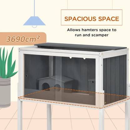 Raised Wooden Hamster Cage with Shelf and Two Huts - Grey