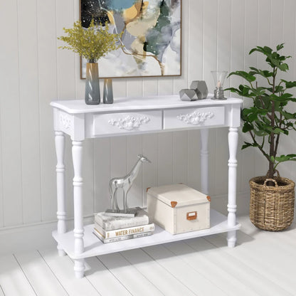 Traditional Style Patterned Side Console Table with 2 Storage Drawers and Underneath Display Shelf