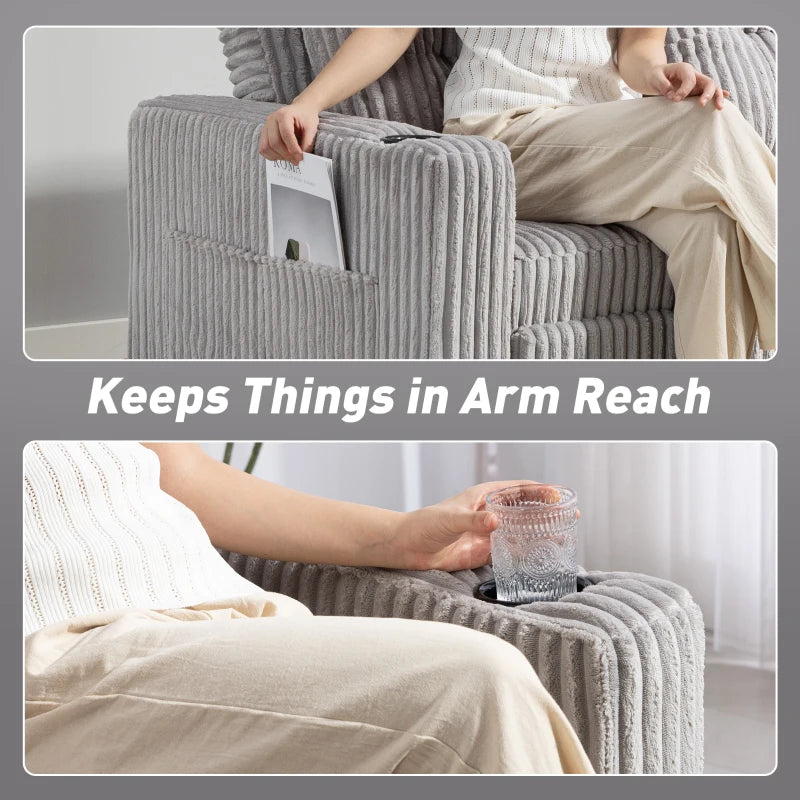 2 Seater Corduroy Sofa bed with Pull-out Design, Cupholders and Side Storage Sleeves - Grey