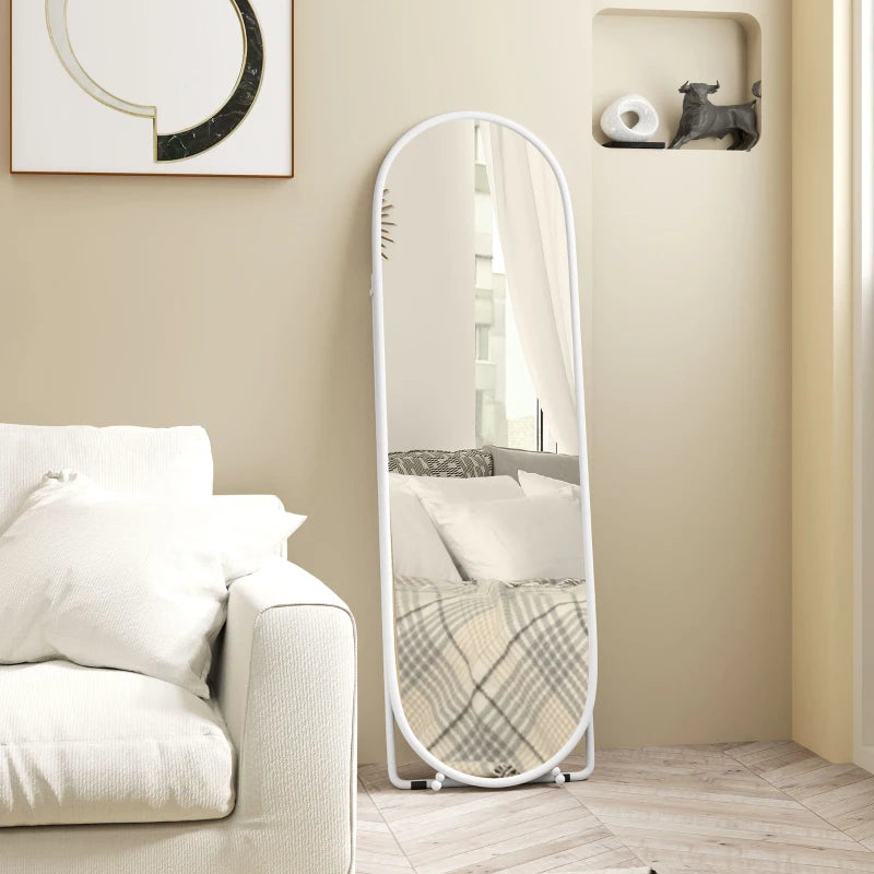 Curved Oval Shape Full Length Mirror - Freestanding or Wall Mounted - White Bezel