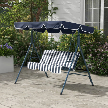 3-Seater Swing Chair with Adjustable Overhead Sun Protection Canopy - Blue / White Stripe