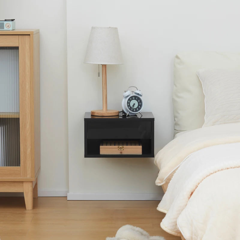 Set of 2 Bed Side Table - Wall Mounted with Drawer & Underneath Shelf - High Gloss Black