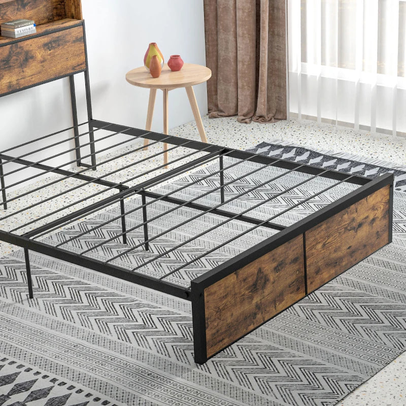 Rustic Style Double Bed Frame with Headboard Storage Feature