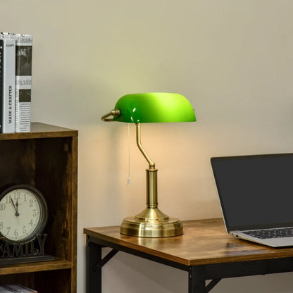 Traditional Banker's Tabletop Desk Lamp with Green Glass Shade & Antique Bronze Base