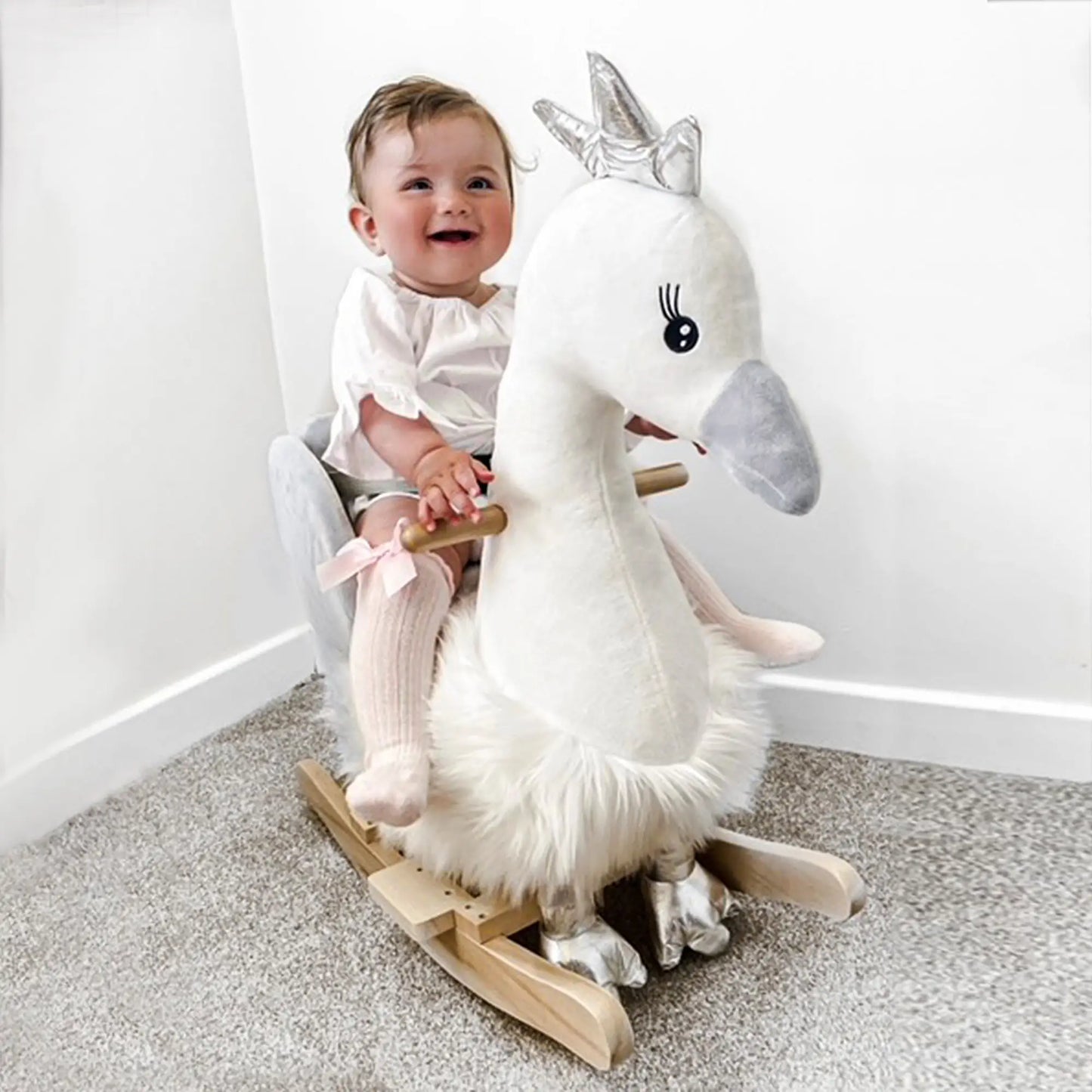 Swan Style Ride on Rocking Horse with Wooden Base and Safety Belt