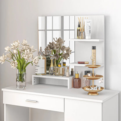 Vanity Mirror Dressing Table with Open Style Shelving and 2-Storage Sections - White