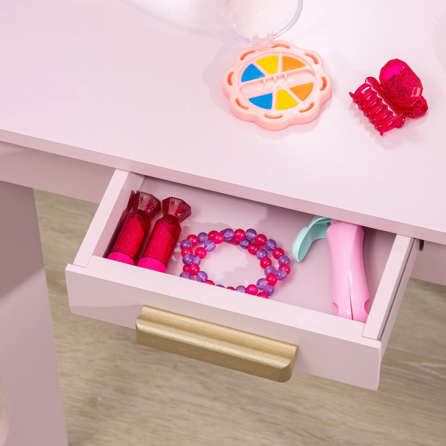 Kids Vanity Mirror Dressing Table with Chair and Drawer Storage - Pink