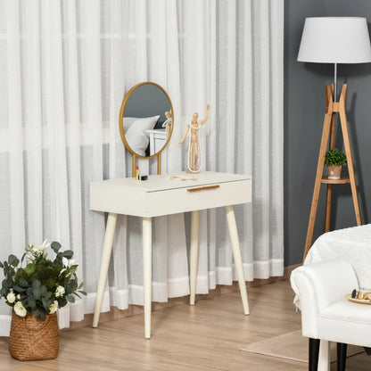 Modern Dressing Table with Gold Tone Circular Mirror and 2-Drawer Storage