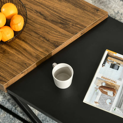 Two-Tone Wood Effect & Black - Nesting Coffee Table Set with Steel Frame