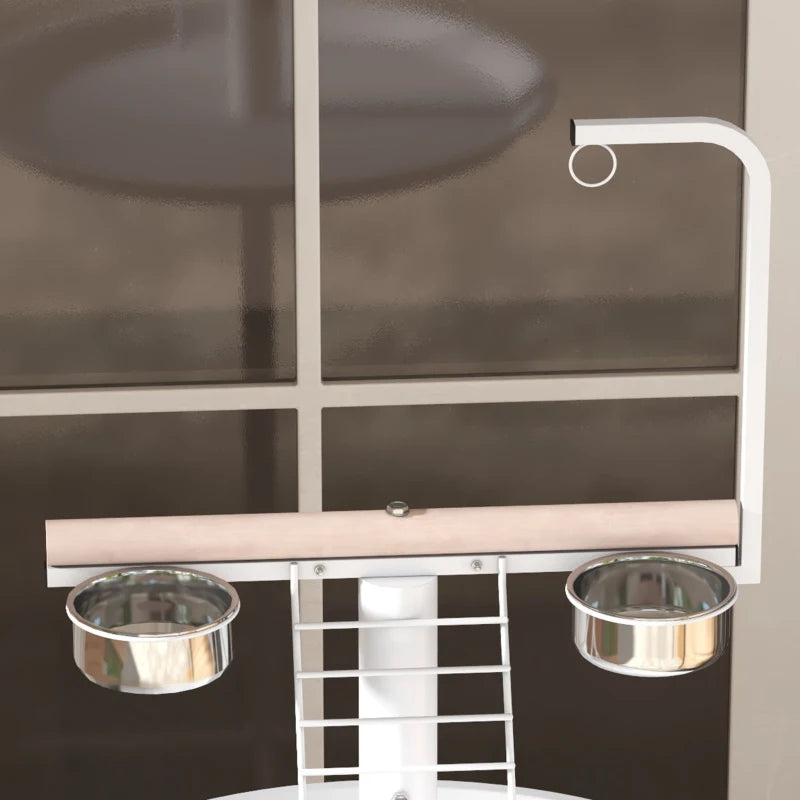 Mobile Bird Play Stand on Wheels with Perches, Stainless Steel Feeding Bowls, Ladder and Round Dropping Tray