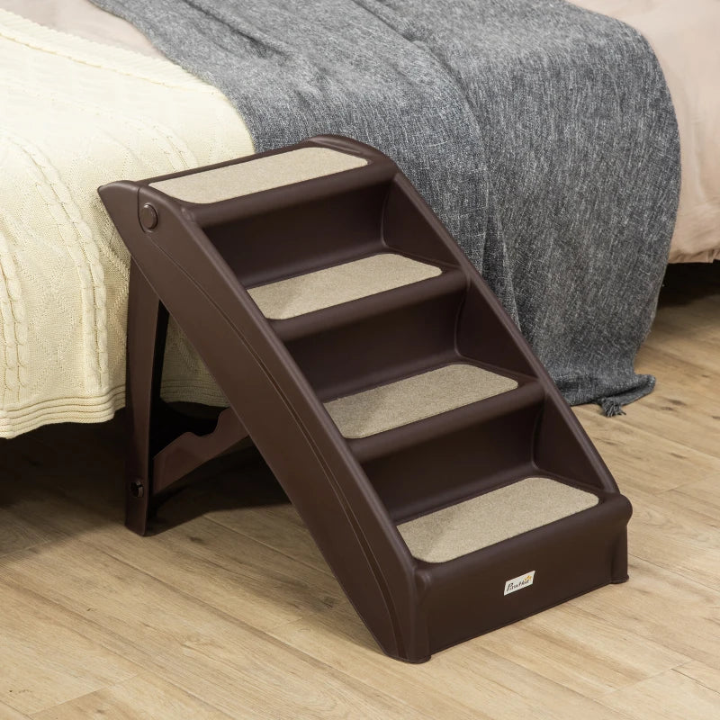 4-Step Foldable Pet Stairs with Plastic Surrounding and Anti Slip Carpeting - Brown