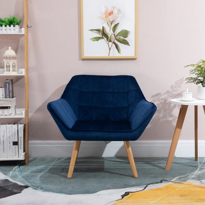 Wide Slanted Back Armchair with Padded Cushion, Iron Frame & Wooden Legs - Navy