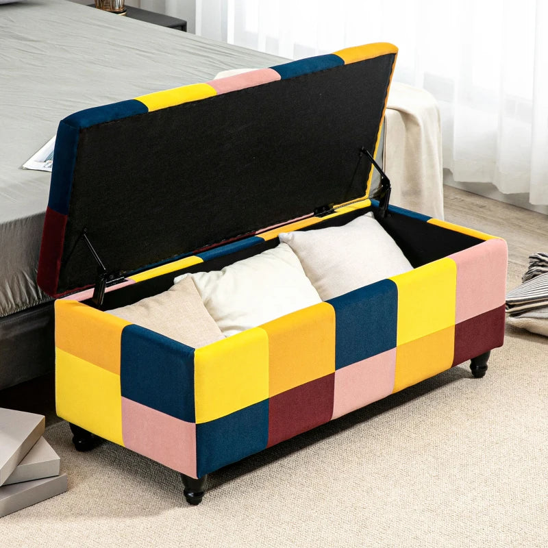 Multicoloured Bed End Storage Ottoman / Footstool with Lid & Button Tufting