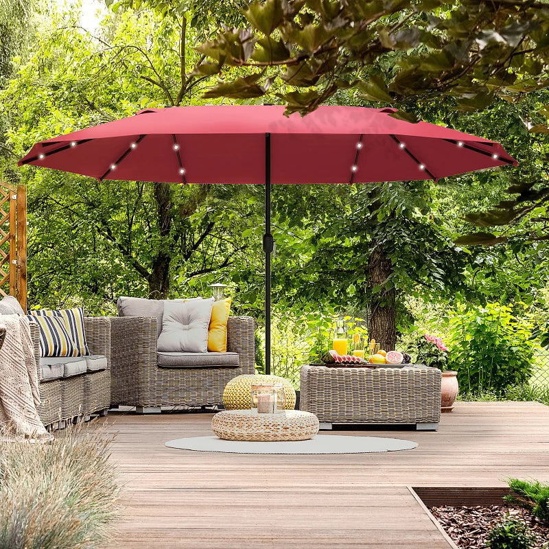 LED - Double Sided Parasol Sun Umbrella - Solar Lights - (4.4m) - (Base Not Included) - Wine Red