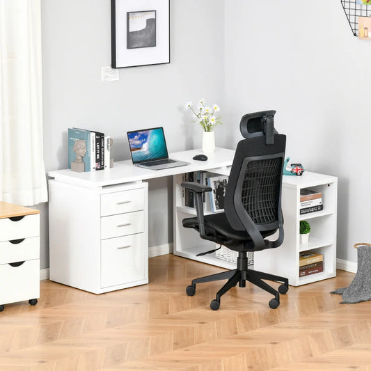 L-Shaped Corner Desk with Drawers & Open Style Shelving