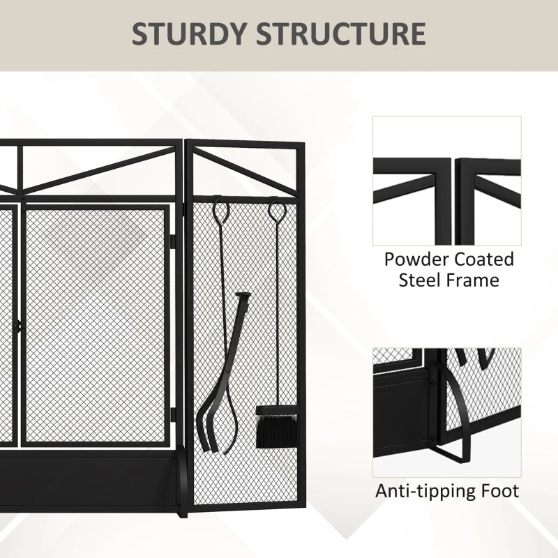 3-Panel Folding Fire Guard Screen / Spark Guard with Tool Set and Front Doors