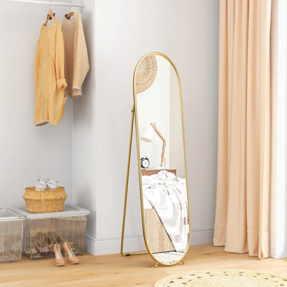 Curved Oval Shape Full Length Mirror - Freestanding or Wall Mounted - Gold Tone Bezel