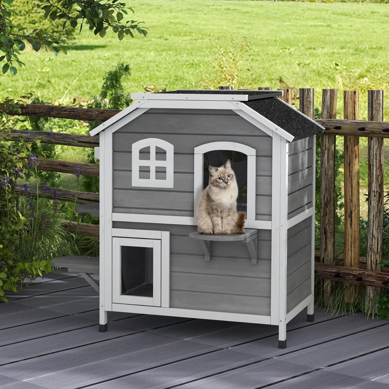 2-Story Cat Mansion with Openable Roof, Jumping Platforms and Front Door - Grey